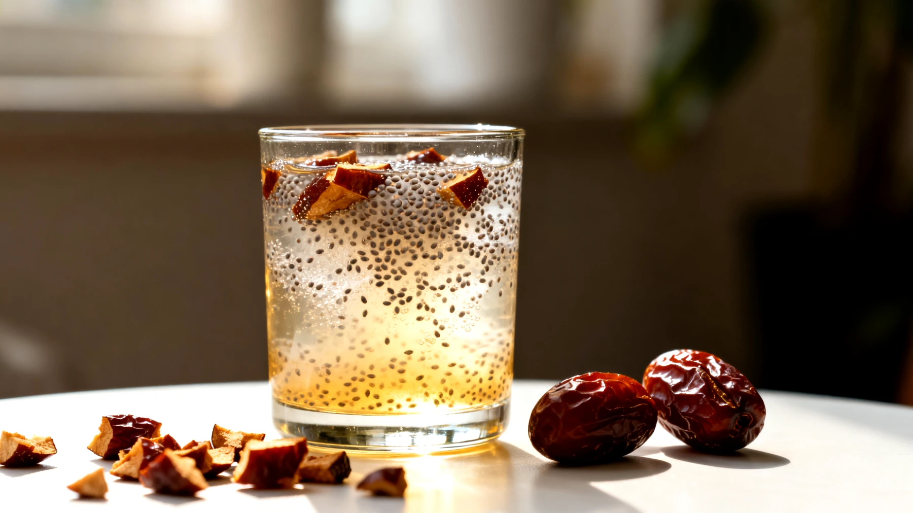 Kefir d'acqua con semi di chia e datteri"