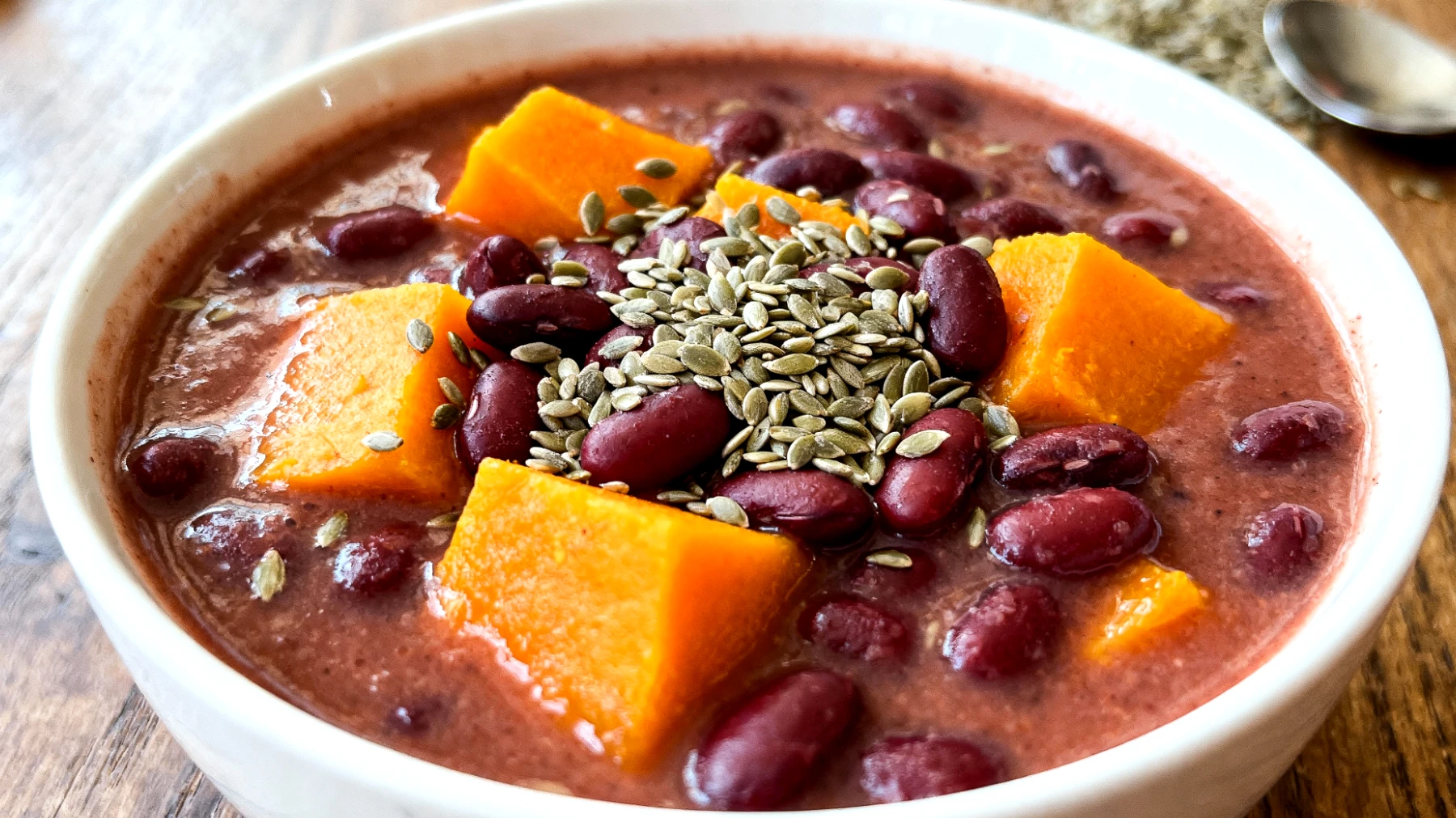 Zuppa di azuki e zucca con semi di canapa"