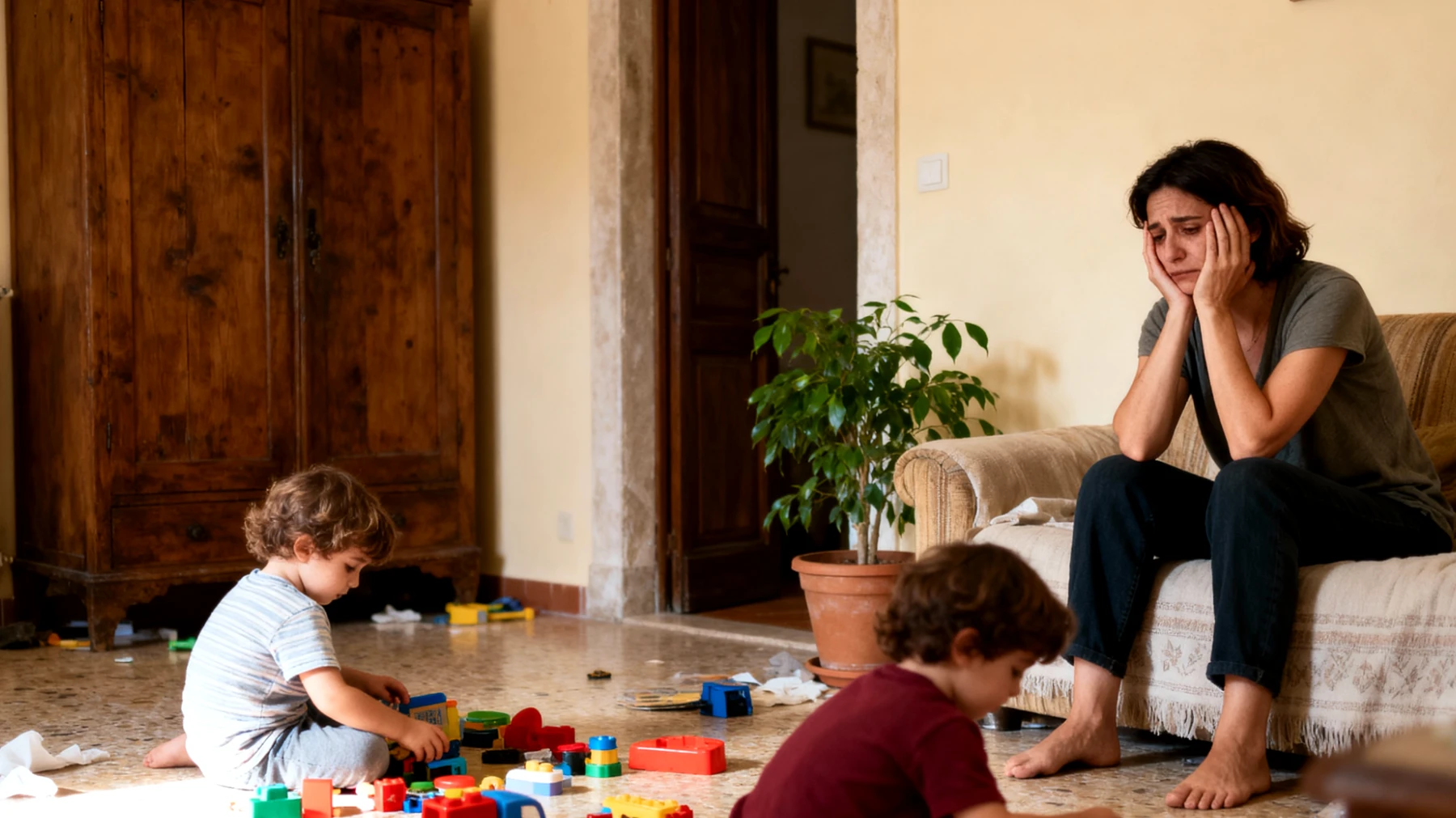 Una mamma di bambini piccoli si sente costantemente sopraffatta dalla stanchezza fisica ed emotiva, faticando a trovare tempo per sé stessa e per rispondere con pazienza ai bisogni dei figli, con conseguente senso di inadeguatezza nel proprio ruolo genitoriale"