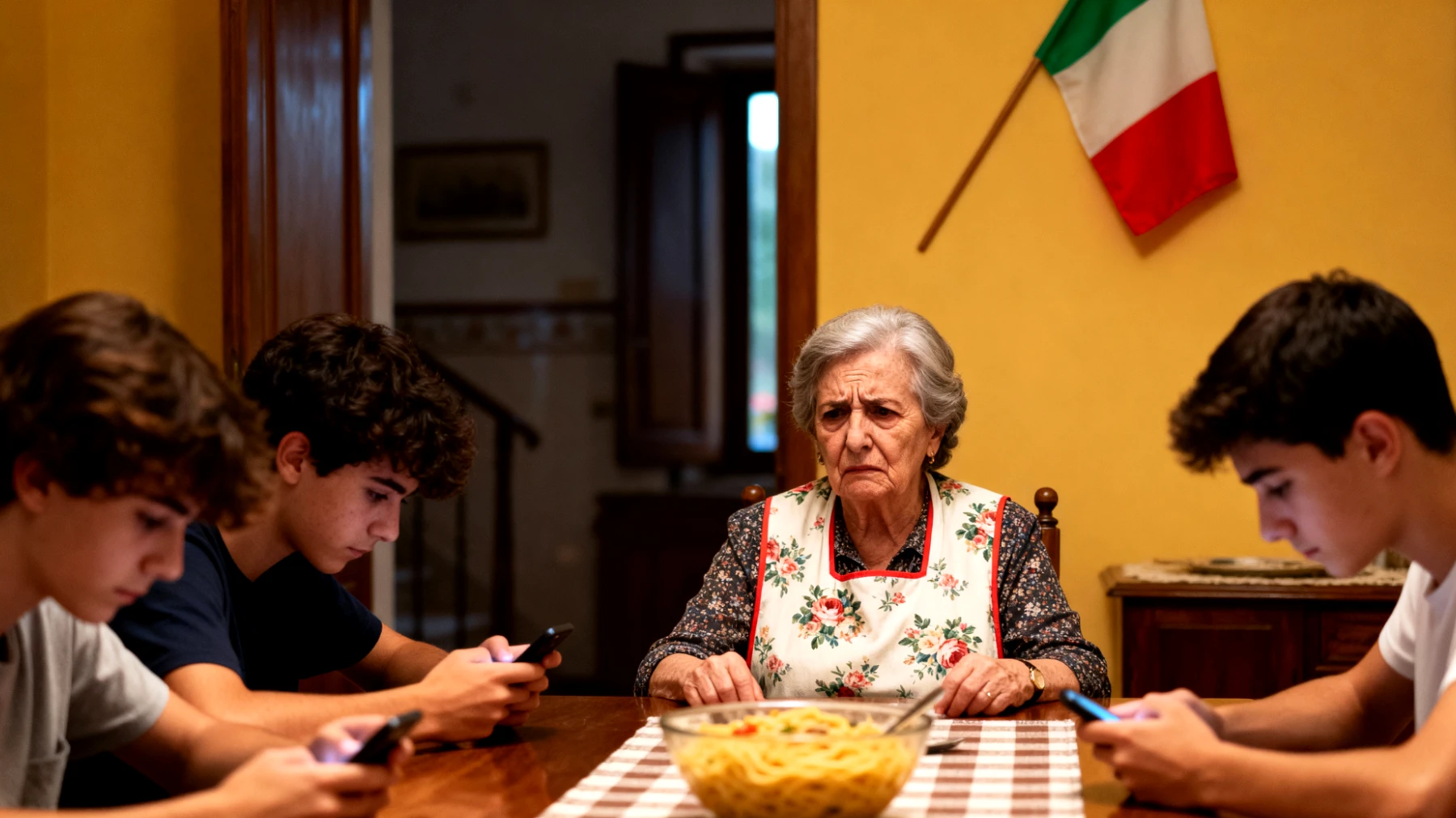Nonna preoccupata per l'uso eccessivo dello smartphone da parte dei nipoti giovani adulti durante le visite familiari, con conseguente mancanza di dialogo e condivisione"
