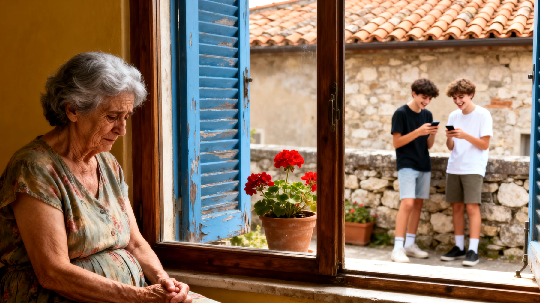 Una nonna che si sente in colpa per non essere stata abbastanza presente durante l'infanzia dei suoi nipoti adolescenti, e ora teme di aver perso l'opportunità di costruire un legame significativo con loro, sentendosi esclusa dalla loro vita e tormentata dal rimorso per le occasioni mancate."