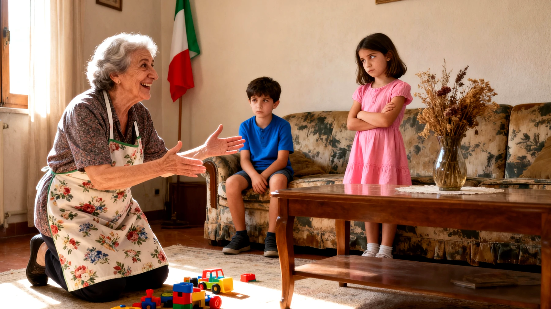 La nonna fatica a coinvolgere i nipoti bambini nelle attività quotidiane come riordinare i giochi, apparecchiare o prepararsi per uscire, incontrando resistenza e lamentele continue"