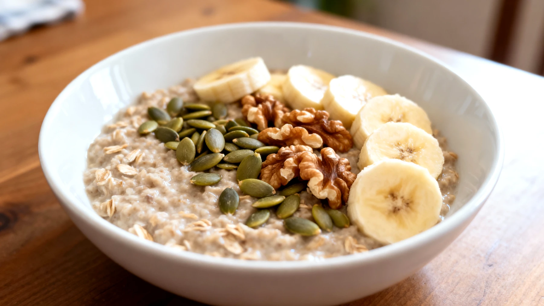 Porridge di avena con semi di zucca, noci e banana"