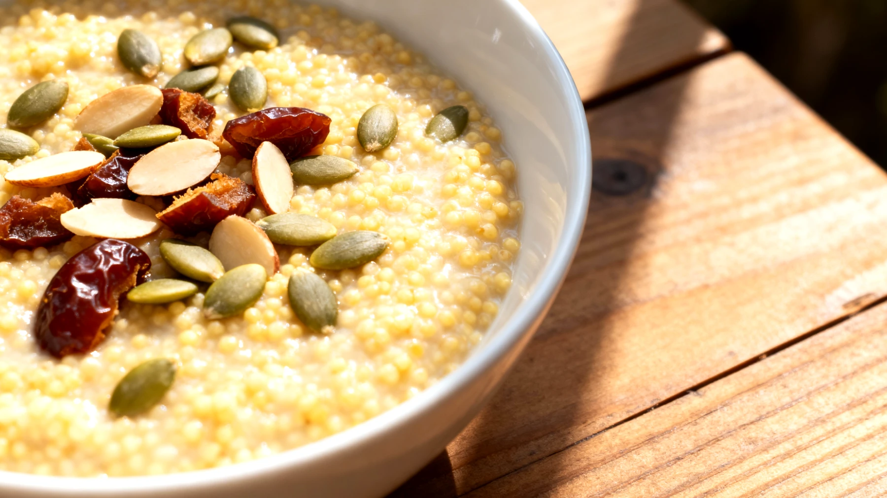 Porridge di miglio con semi di zucca, mandorle e datteri"
