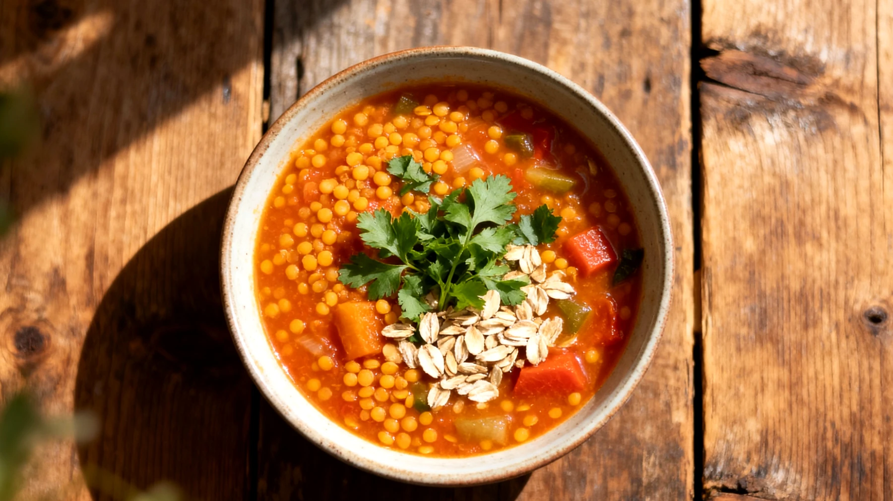Zuppa di lenticchie rosse con avena e verdure"