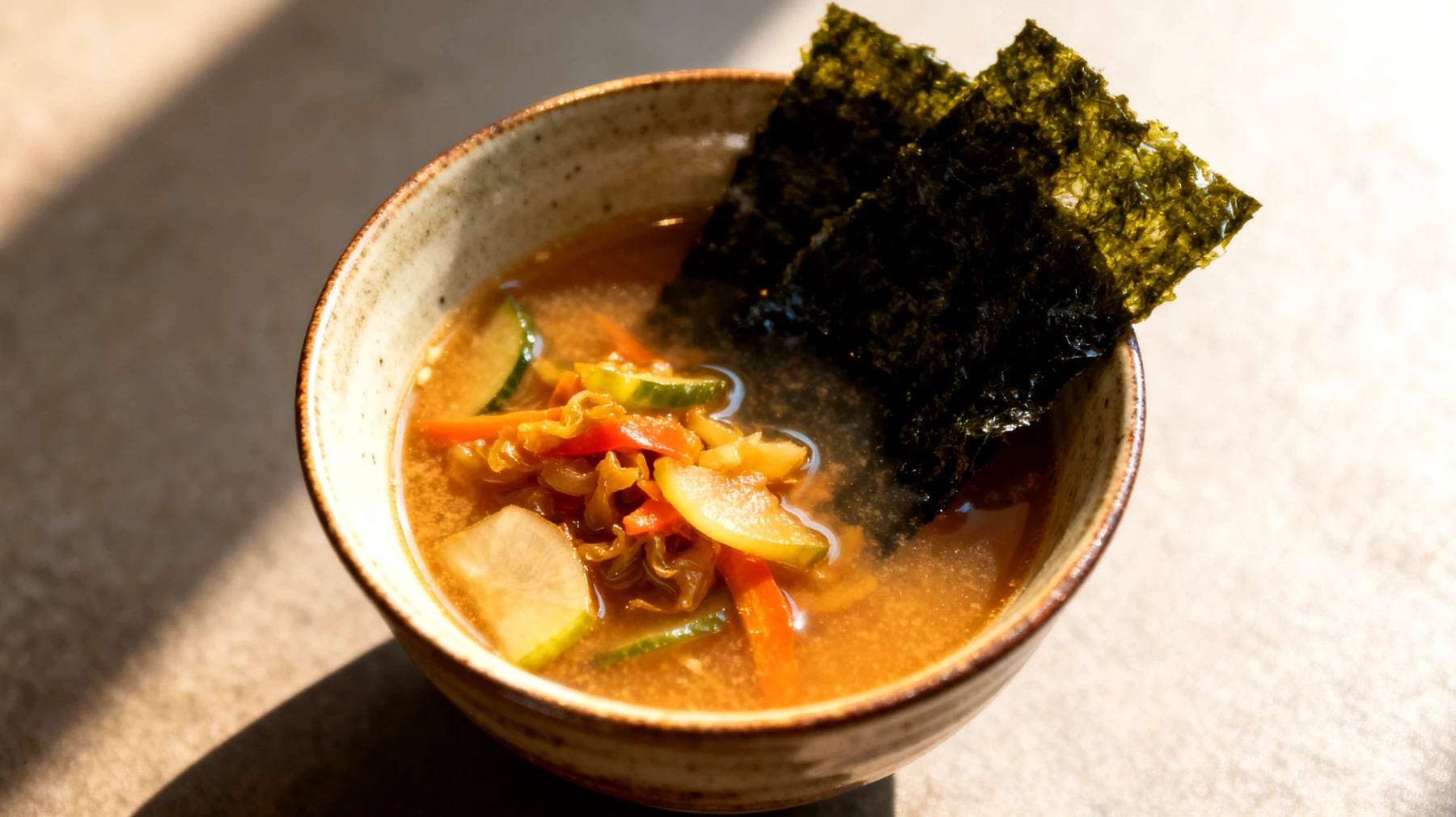 Zuppa di miso con verdure fermentate e alga wakame"