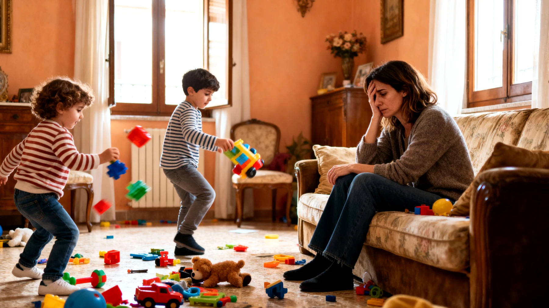 Una mamma che fatica a stabilire regole chiare e limiti per i suoi bambini, cedendo spesso alle loro richieste e capricci per evitare conflitti o sensi di colpa, con conseguente difficoltà dei piccoli a gestire la frustrazione e a rispettare le indicazioni."