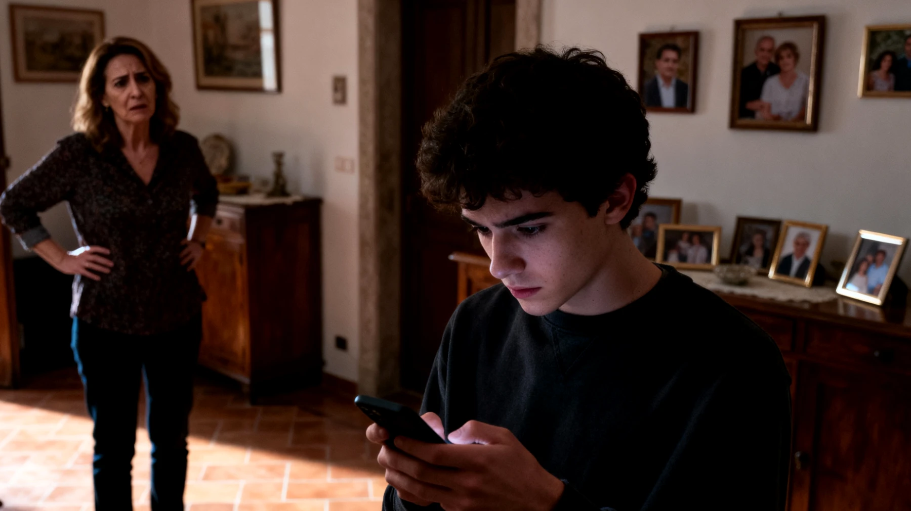 Mamma preoccupata per l'eccessivo uso dello smartphone da parte del figlio giovane adulto che trascorre ore sui social media e nei videogiochi, creando tensioni in famiglia e ostacolando il dialogo"